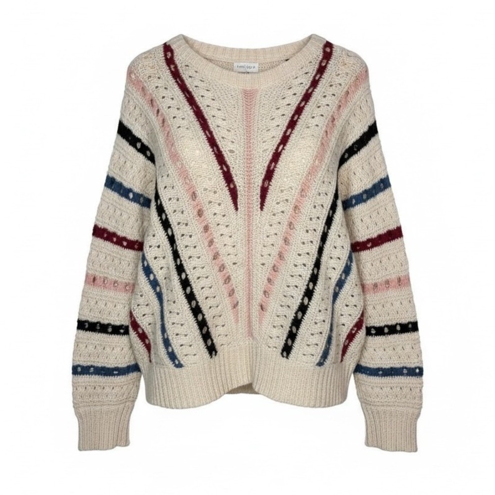 Vestique Sweater Womens Large Cream Multi Stripe Pointelle Knit Oversized Boho‎